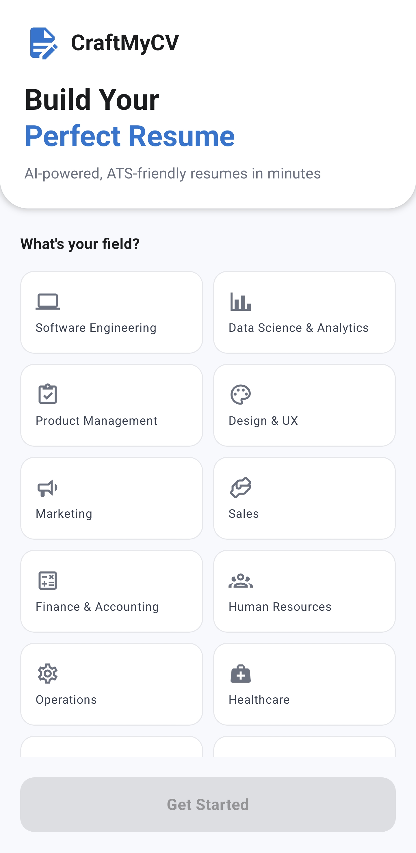 CraftMyCV app home screen showing field selection for AI resume building