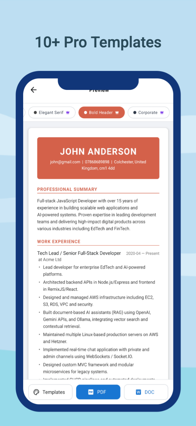 CraftMyCV professional resume template preview with formatting options