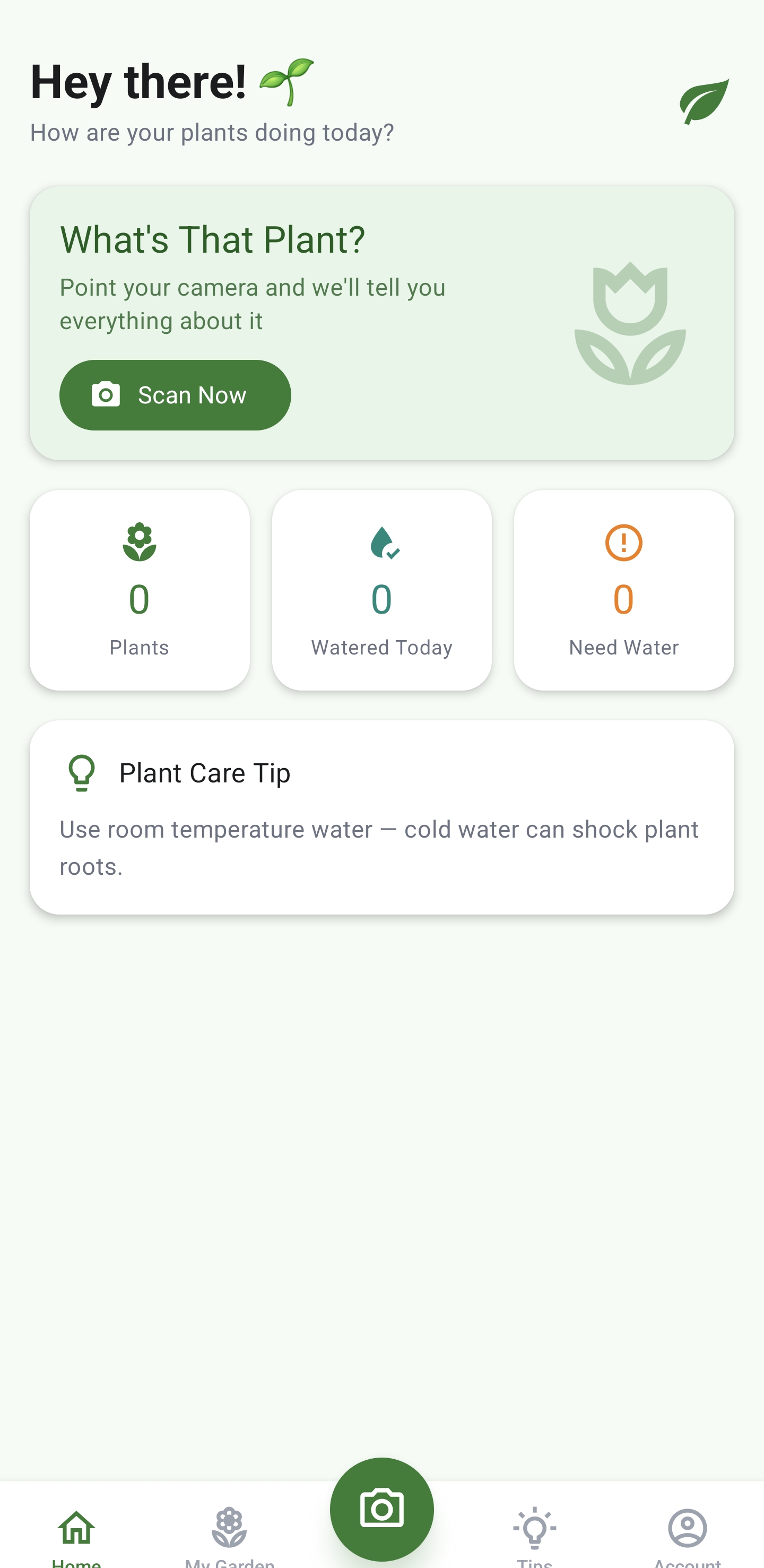 PlantSense AI app home screen showing scan prompt, plant stats, and care tips