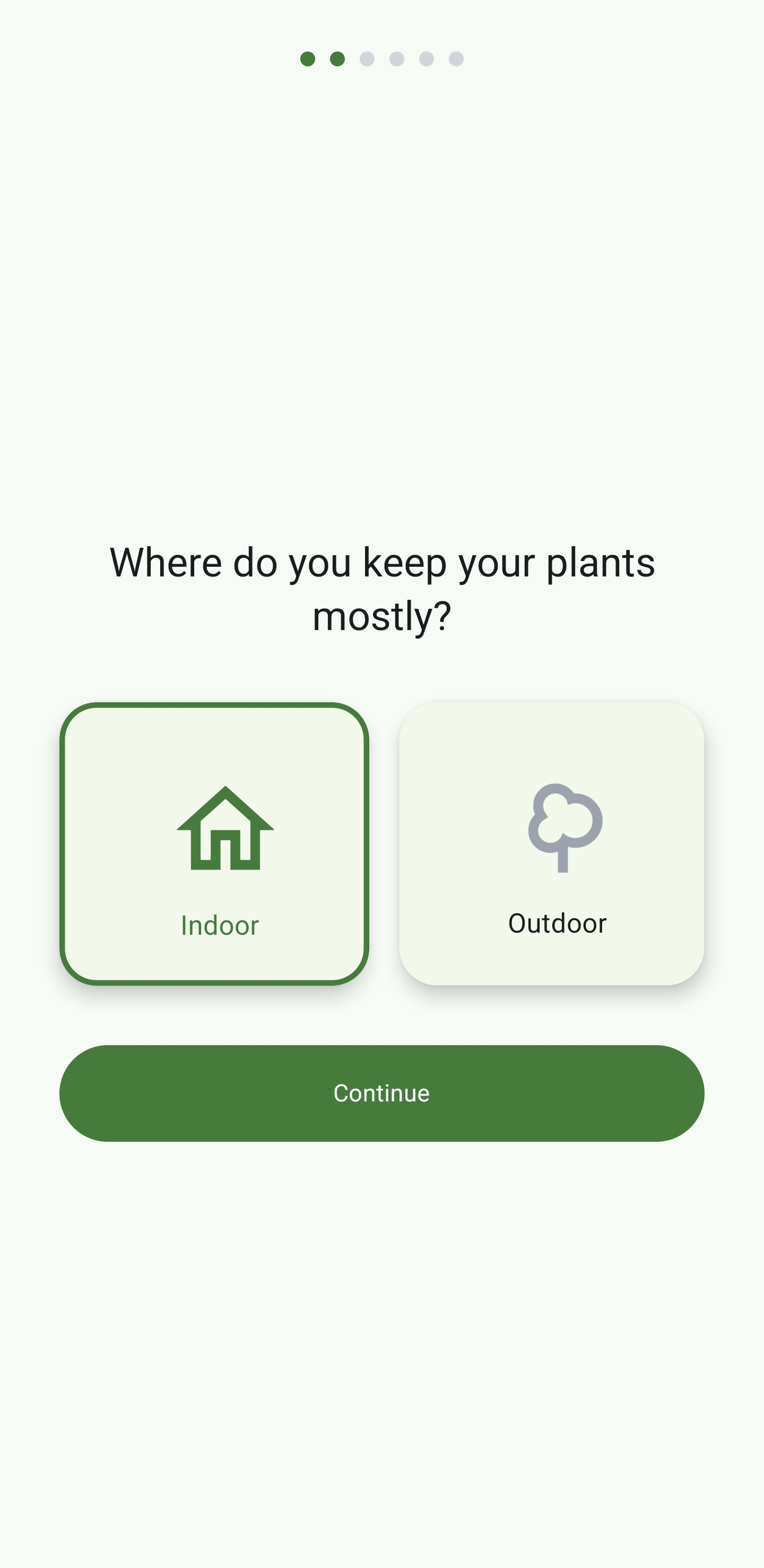 PlantSense AI onboarding screen asking where you keep your plants
