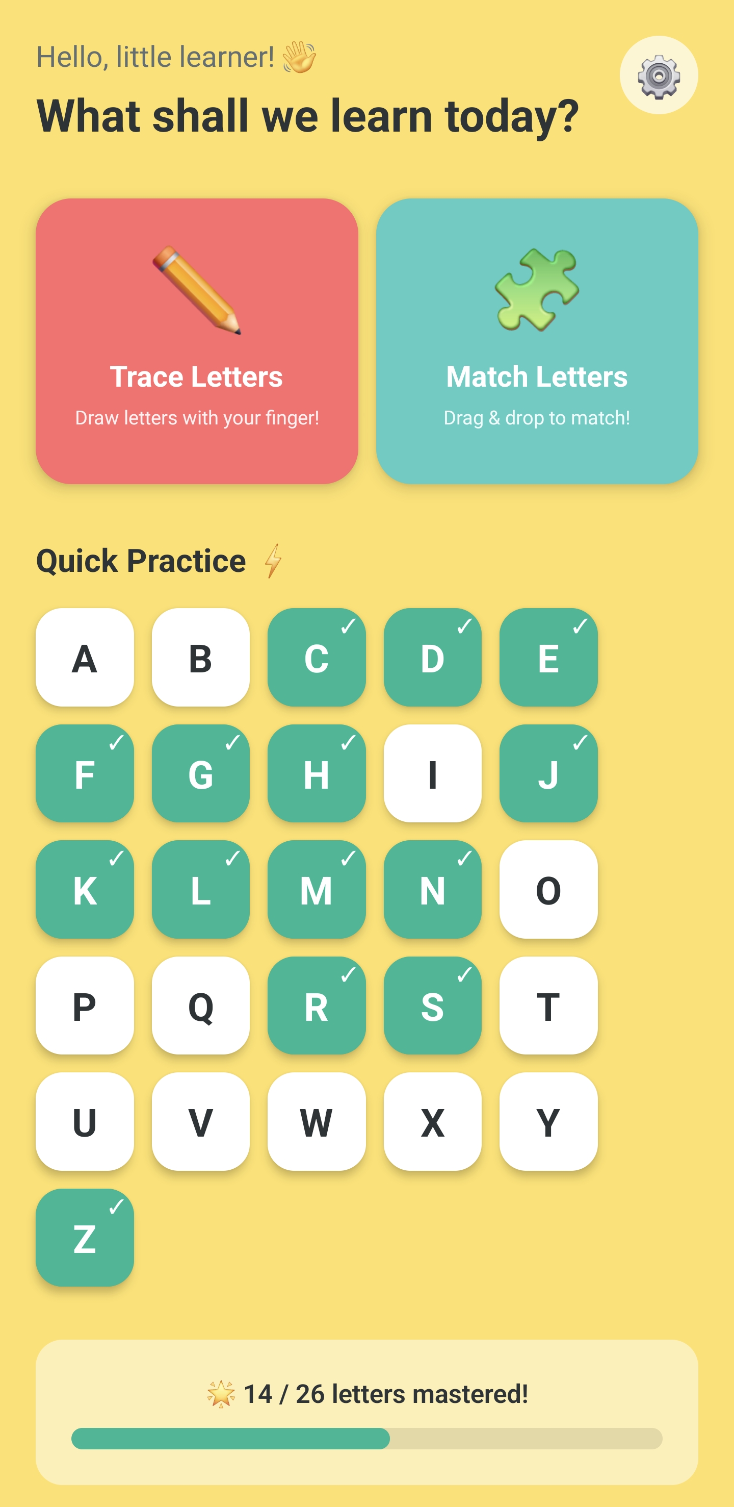 PlayLearn ABC dashboard showing letter grid with progress tracking and game modes