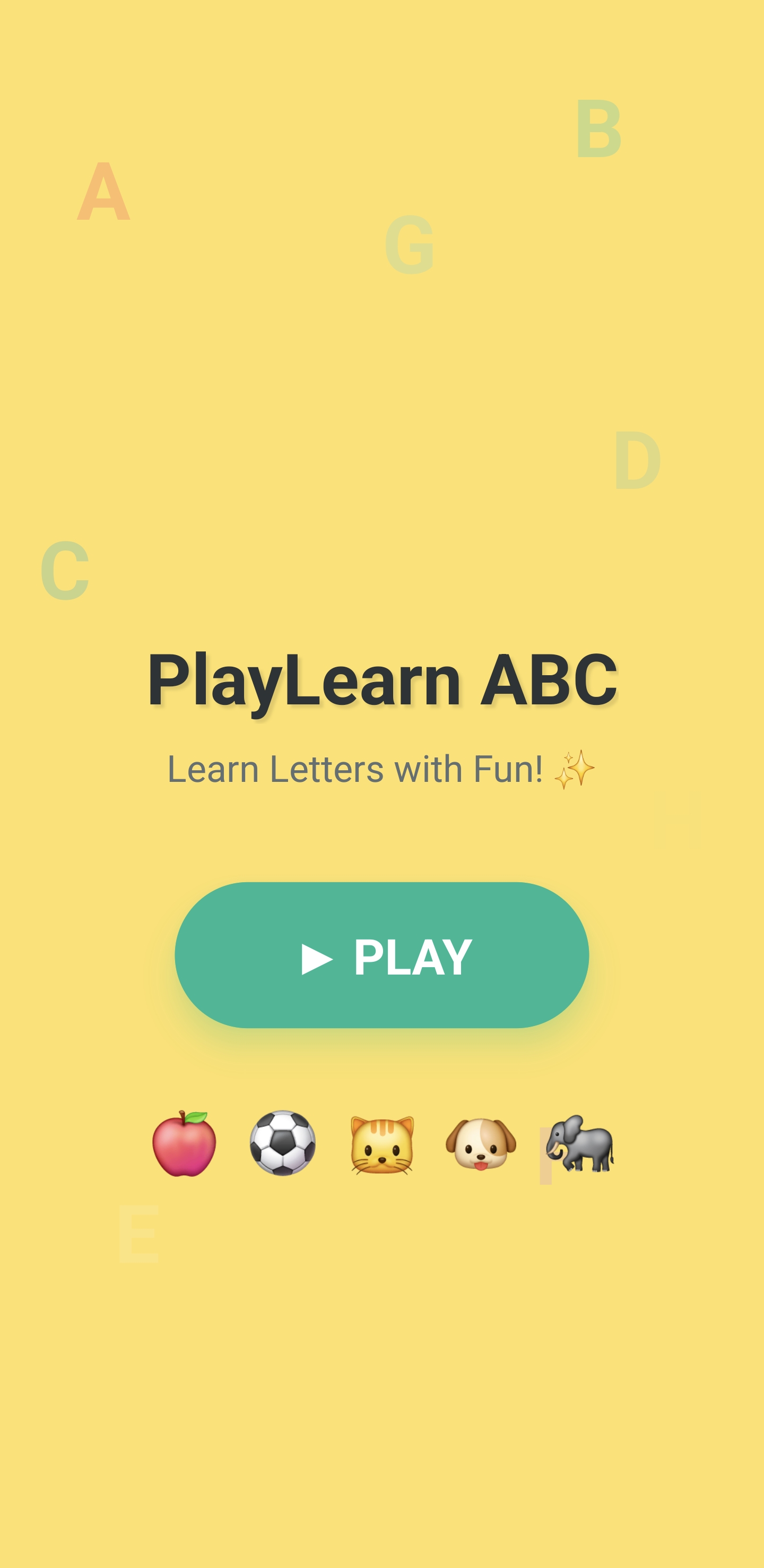 PlayLearn ABC splash screen with floating letters and Play button