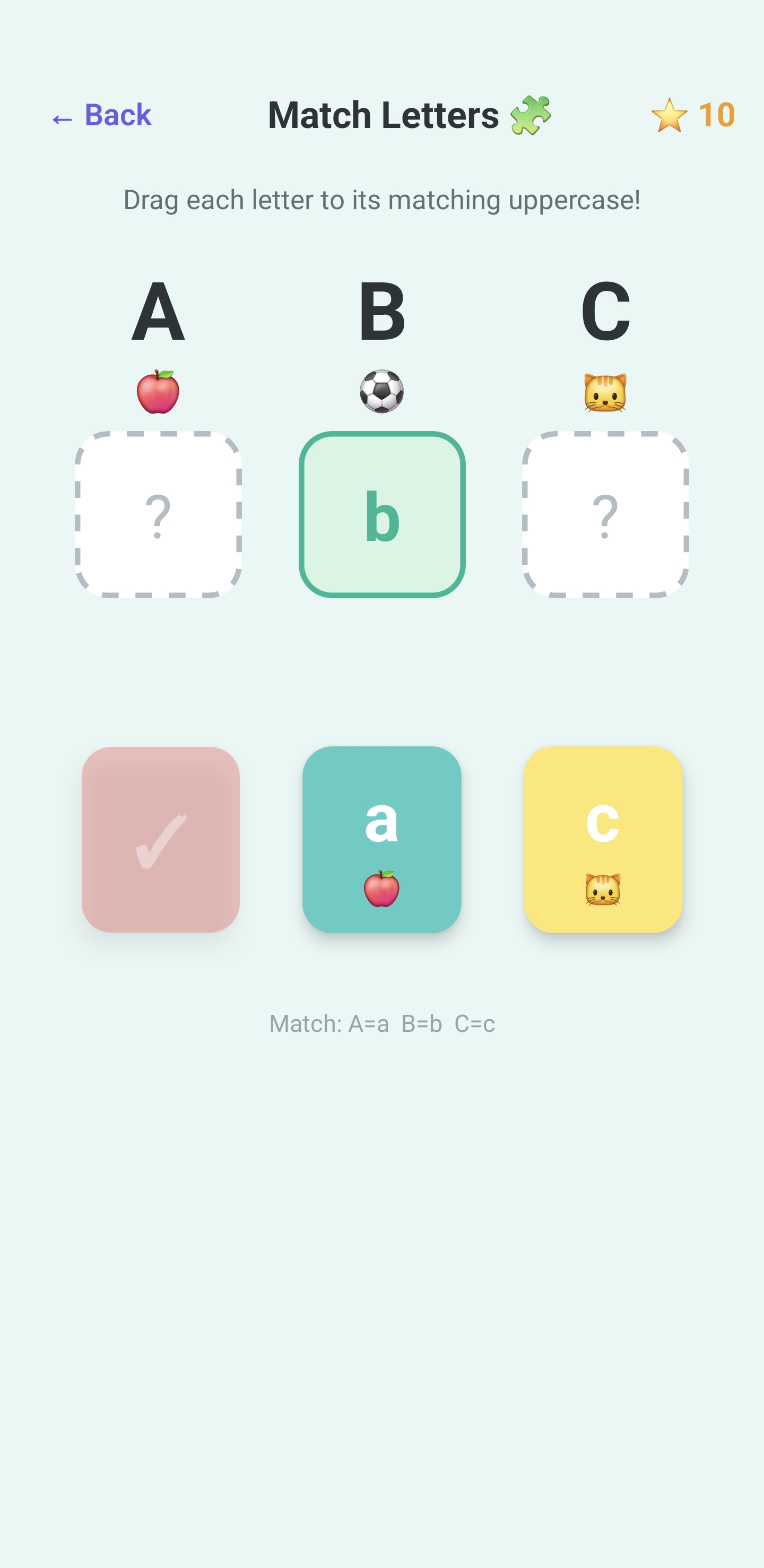 PlayLearn ABC match letters game with drag and drop letter pairs
